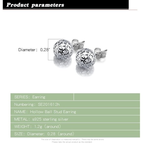 Women's Hollow Pattern Ball Pendant Stud Sterling Silver Earrings Jewelry - Picture 3 of 7